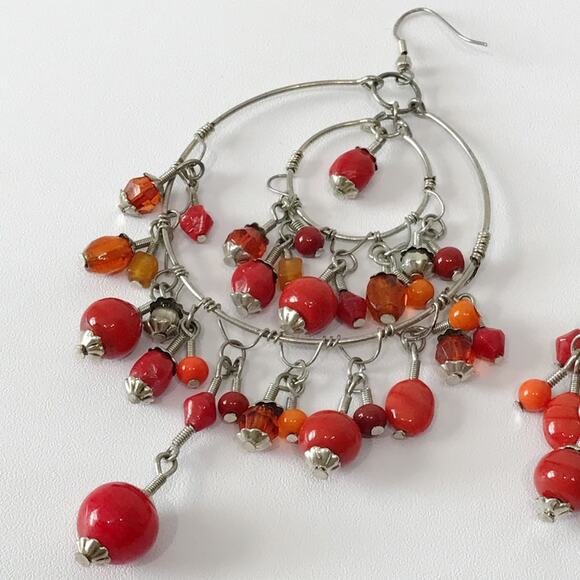 Chandelier Double Hoop Glass Bead Drop Oversized Statement Boho Tribal Earrings - Picture 6 of 13